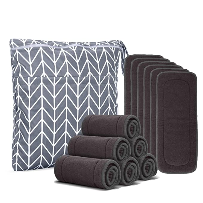 Damero 5-Layer Charcoal Bamboo Reusable Diapers Baby Inserts, 12PCS Cloth Diaper Inserts with an Extra Storage Bag