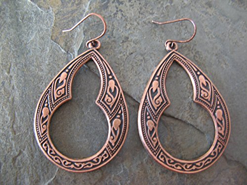 Decorative Copper Hoop Dangling Earrings Boho Artisan Jewelry