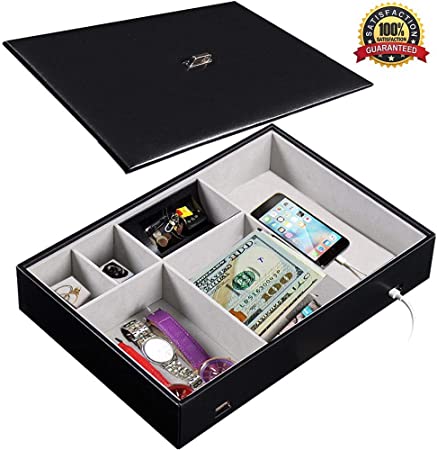 JuguHoovi Valet Tray Dresser Organizer with Lid for Men and Women, 6 Slot Valet Tray Leather Black Nightstand Organizer Jewelry Accessories Box for Keys Phone Wallet Coin Jewelry