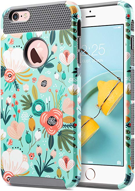 ULAK iPhone 6s Plus Case, iPhone 6 Plus Case, Slim Dual Layer Protection Scratch Resistant Hard Back Cover Shockproof TPU Bumper Case for Apple iPhone 6 Plus/6S Plus 5.5 inch (Mint Floral)