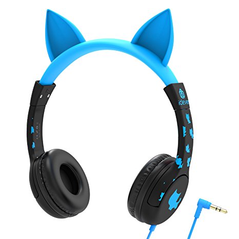 iClever Kids Headphones, Cat-inspired Wired On-Ear Headsets with 85dB Volume Limited, Food Grade Silicone Material (Kids-friendly), 3.5mm Audio Jack Cable, Children Headphones for Kids, Blue