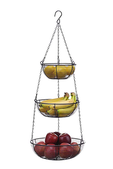 SunnyPoint 3 Tier Hanging Fruit Basket, Black Coating