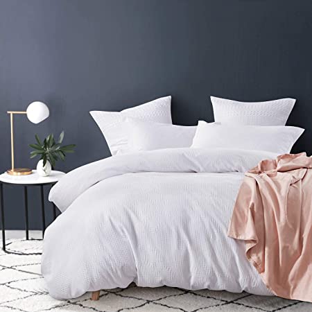 PHF Waffle Weave Duvet Cover Set - 100% Cotton, 3 Pieces, Queen (90” x 92”) - Geometric Pattern Bedding - Soft and Cozy, Suitable for All Season, White