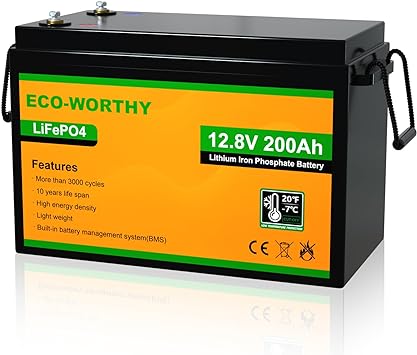 ECO-WORTHY 12V 200Ah LiFePO4 Lithium Iron Phosphate Battery Deep Cycle Battery with Built-in BMS, 3000  Life Cycles, Perfect for RV, Campers, Motorhome, Solar, UPS， Household Battery