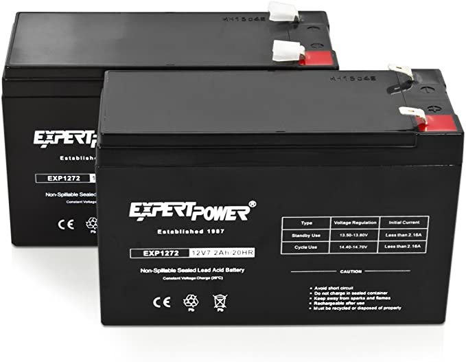 ExpertPower 12V 7.2AH Sealed Lead Acid (SLA) Rechargeable Battery for Security Alarm System With F2 Terminals || EXP1272 || 2 Pack