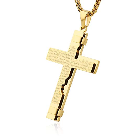 HZMAN Religion Cross Lord's Prayer Stainless Steel Pendant Necklace Rolo Cable Wheat Chain