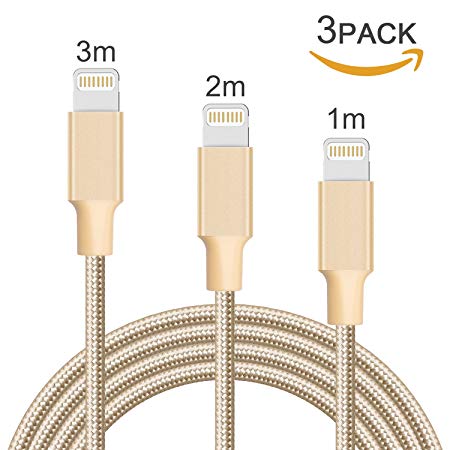 Ulinek iPhone Charger Lightning to USB Apple Data Cable 3 Pack 1M 2M 3M Braided Fast Charging and Syncing Cord for iPhone X 8 8 Plus 7 7 Plus 6s 6s Plus 5s 5 SE iPad Air iPad Mini iPad Pro (Gold)