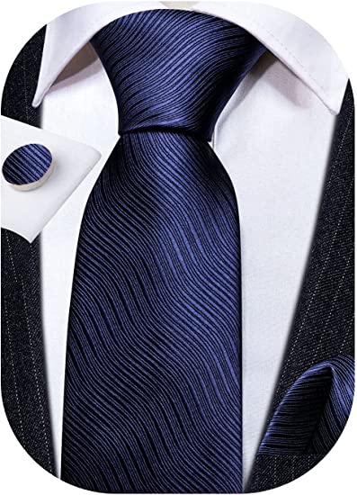 Barry.Wang Solid Ties Set Silk Stain Man Tie Jacquard Woven Stripe Flower Necktie Pocket Square Cufflinks Business Wedding, Blue Navy Solid, One Size