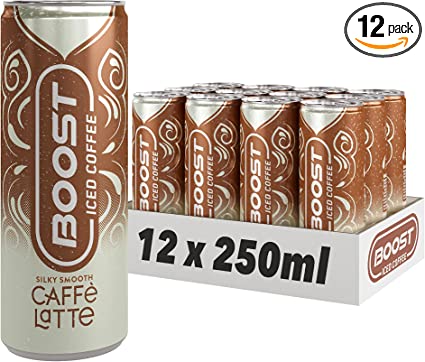 Boost Iced Coffee Caffe Latte, 12 x 250 ml, Ready-To-Drink Cold Brew Coffee Drink, The Perfect Caffeine Boost, A Smooth and Creamy Full-Bodied Blend of 100% Arabica and Robusta Beans with Milk