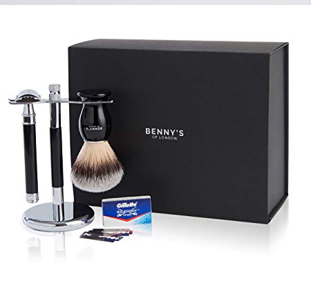 Shaving Gift Set - Benny's of London - Black Friday Special Offer - 5 Free Blades with Every Set - Shaving Brush, Shaving Stand, Safety Razor   5 Free Blades - Perfect Gift Idea for Men