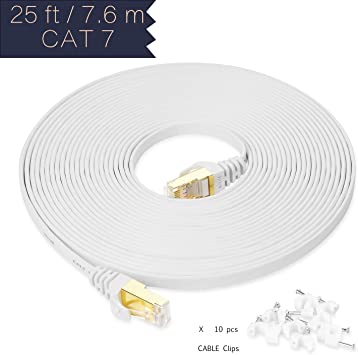 Cat7 Ethernet Cable,25 ft - White Fastest Dual Shieled Flat Network Cable - Ikerall Computer LAN Cord High Speed Internet Cable with Snagless RJ45 Connectors (7.6 Meters)