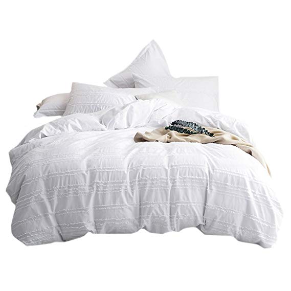 Lausonhouse Duvet Cover Set,100% Cotton Woven Stripe Bedding Set,3 Pieces(1 Duvet Cover with 2 Pillowshams)-White Stripe King