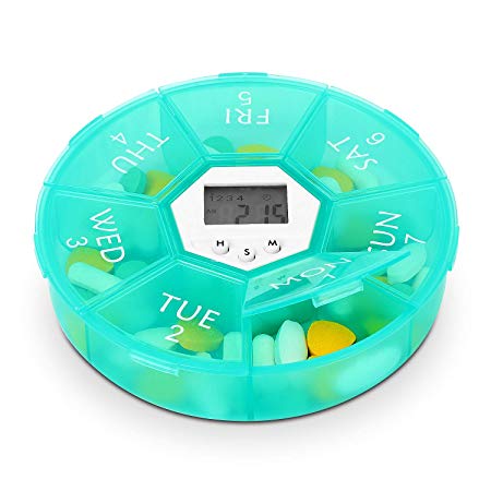 Hyber&Cara 7-Day Portable Pill Organizer Dispenser with 4 Alarm Reminders Per Day, Large Capacity Box for Supplements with Digital Timer (Green)