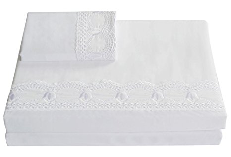 Merryfeel Organic Cotton Sateen 300 Thread Count Embroidered Lace Sheet Set White Queen