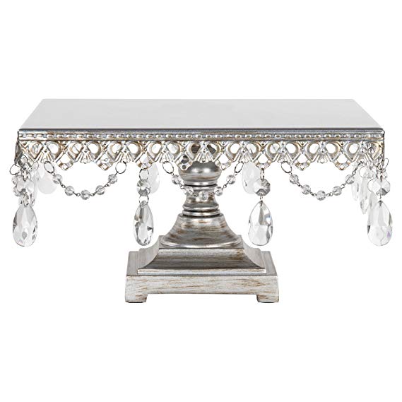 Amalfi Decor Square Cake Stand, Antique Glass Crystal Draped Metal Display Pedestal for Wedding Events Birthday Party Dessert Cupcake Plate, Anastasia Collection (Silver)