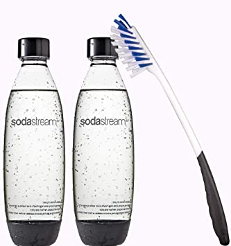 Sodastream 2 Pack Black 1 Liter Soda Stream Bottles 1L 34oz. Bundle with Long Cleaning Brush | Fits Play Splash, Source, Power, Spirit, Fizzi Makers