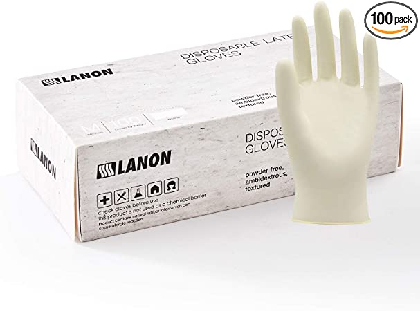 LANON Latex Disposable Gloves, Powder Free, Food Grade, High Elastic, Ambidextrous, Anti-slip, Textured, 5 mil, Box of 100, Medium