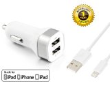 Apple MFI Certified Scable TM 3ft 8 Pin Lightning to USB Sync and Charging Cable Cord with 31A 15W Dual Port High Speed USB Car ChargerWhite