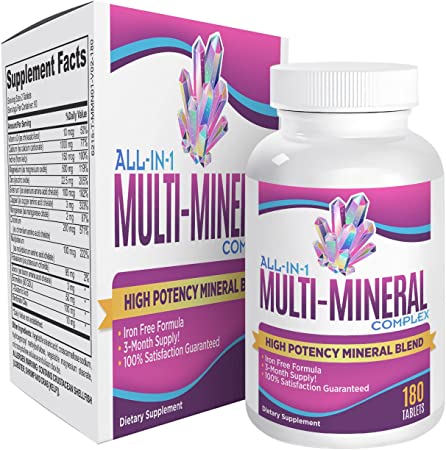 All-in-1 Multimineral Supplement (3-Month Supply) Iron Free Formula - Multi Mineral Complex - Trace Minerals - Mineral Supplements - High Potency Blend - 180 Tablets