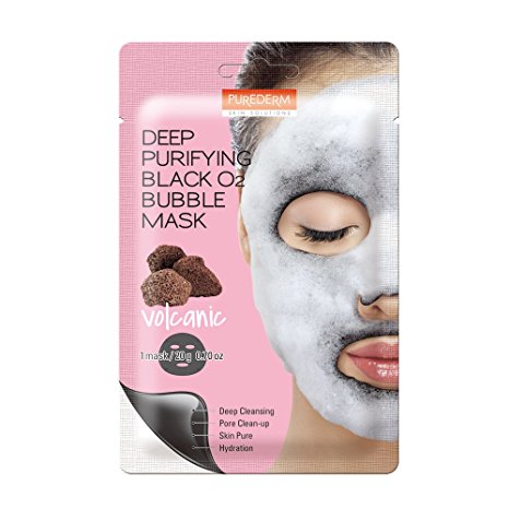 Deep Purifying Black O2 Bubble Mask By Purederm: 10 Volcanic Facial Sheets With Detoxifying And Moisturizing Action – Skin Brightening Wash-off Face Mask That Removes Dead Skin Cells And Toxins