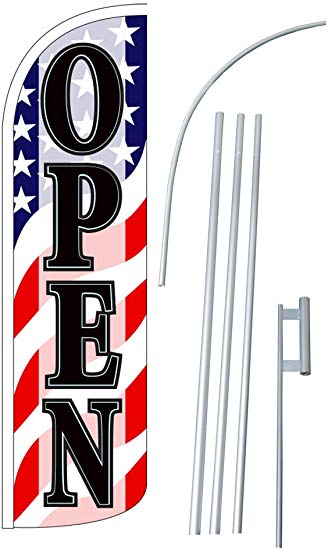 NEOPlex - "OPEN" 12-foot SUPER Swooper Feather Flag With Heavy-Duty 15-foot Pole and Ground Spike