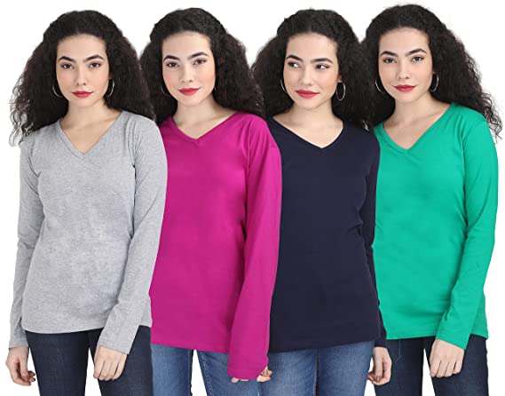 FLEXIMAA Women's Cotton V Neck Plain Full Sleeve T-Shirt