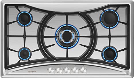 Empava 36 Inch Gas Cooktop Professional 5 Italy Sabaf Burners Stove Top Certified with Thermocouple Protection in Stainless Steel, Silver