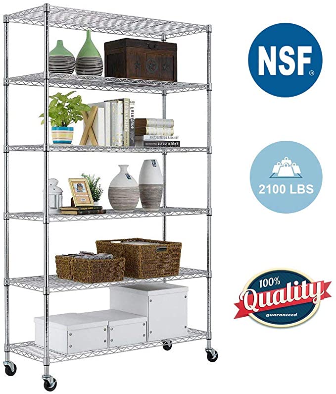 6 Tier Wire Shelving Unit with Wheels Metal Shelf Organizer Heavy Duty Storage Unit Wire Rack NSF Certification Commercial Grade Utility for Bathroom Office 2100LBS Capacity (Chrome)