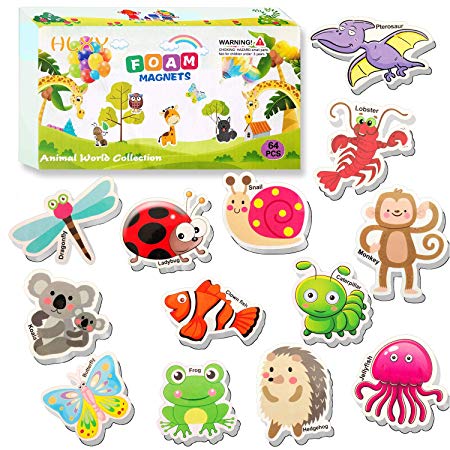 HLXY Refrigerator Magnets for Kids 64 PCS Animals Magnets Toys -Dinosaurs Insect Ocean Sea Animal Magnets - Foam Animal -Fridge Magnets for Toddlers Educational Toy for Preschool Learning