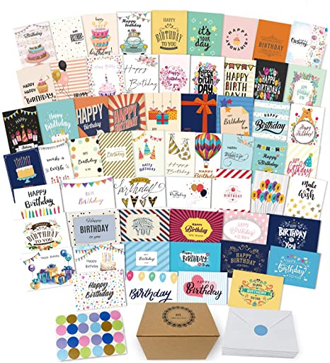 60 Unique Happy Birthday Cards Assortment- Birthday Cards Bulk With Message Inside- 5 x 7 Inches Birthday Cards Boxed Envelopes Included-Birthday Cards Pack for Men Women Kids- Home Office-Bday Cards