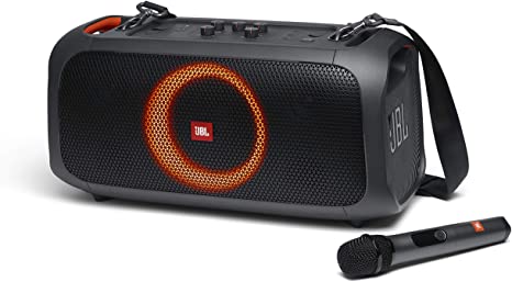 JBL PartyBox On-The-Go - A Portable Karaoke Party Speaker with Wireless Microphone, 100W Power Output, IPX4 splashproof, 6 Playtime Hours, Shoulder Strap and Wireless 2 Party Speakers Pairing (Black)