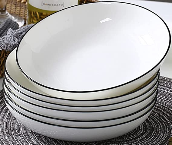 AnBnCn 9 Inch Porcelain Pasta/Salad Bowls - 30 Ounce - Set of 6, White