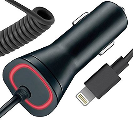 Apple iPhone 7 7 plus 5 5S 5c 5se 6 6S 6  6S , Ipad air, 2, Pro, Mini 3 New Lightning Rapid Quickcharge Car Charger - 6 Foot Coiled Cord 5v / 2.1 Amp MFI Ceritified Durable Dependable Strong