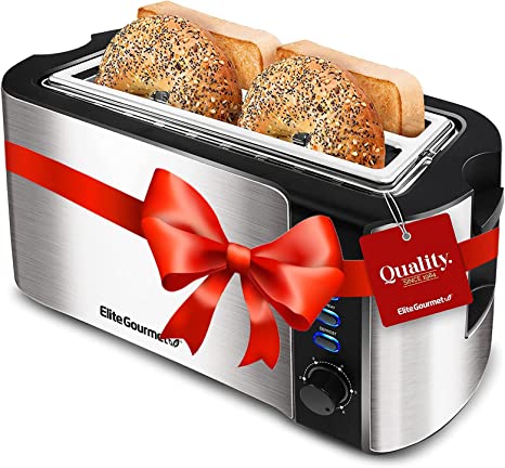 Elite Gourmet ECT-3100 Long Slot 4 Slice Toaster, Reheat, 6 Toast Settings, Defrost, Cancel Functions, Built-in Warming Rack, Extra Wide Slots for Bagels Waffles, Stainless Steel & Black