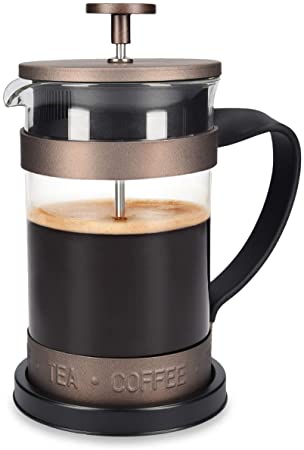 Navaris French Press Coffee Maker - 600ml Stainless Steel Cafetiere Espresso and Tea Maker with Coffee Plunger, Filter, Borosilicate Glass Jug - Brown