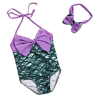 Mulfei Little Girls Swimmable Mermaid Princess Bikini Swim Bathing Suit Headband