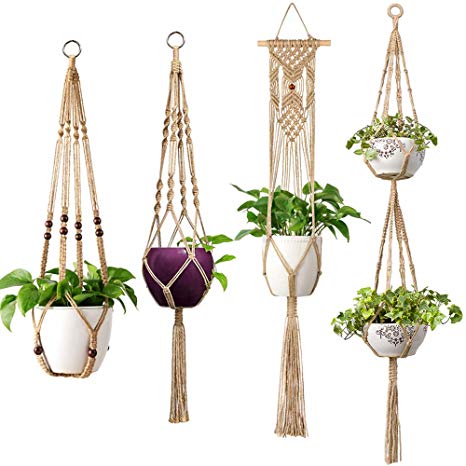 Mkono Macrame Plant Hangers 4 Pcs Indoor Outdoor Hanging Planter Basket Jute Rope Flower Pot Holder Boho Hippie Style