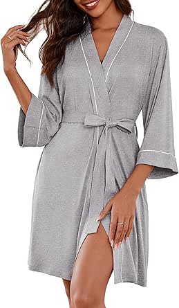 Ekouaer Women Kimono Robes Knee Length Knit Bathrobe Lightweight Soft Sleepwear V-neck Casual Ladies Loungewear