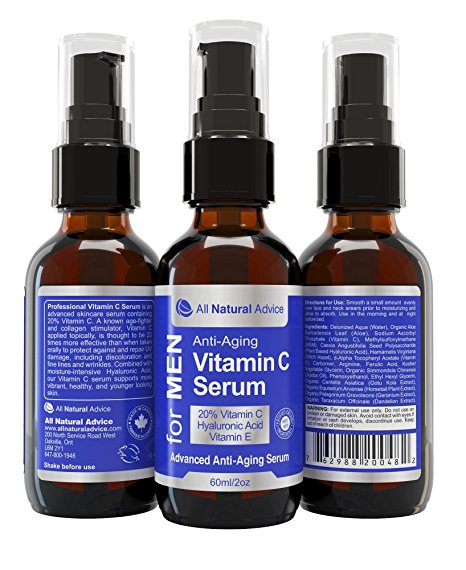 FOR MEN 20% Vitamin C Serum DOUBLE 60 ml MADE IN CANADA Certified Organic + Hyaluronic Acid + Vitamin E Moisturizer + Collagen Boost, Reverse Skin Aging, Removes Sun Spots Wrinkles and Dark Circles, Excellent for Sensitive Skin PUMP & DROPPER