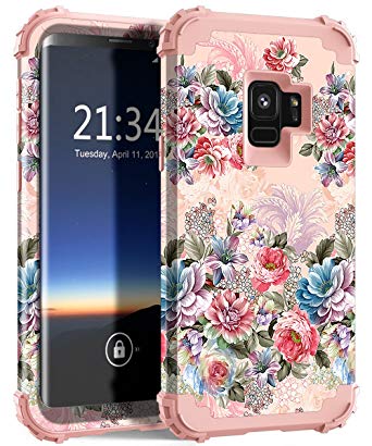 Samsung Galaxy S9 Case, Hocase Heavy Duty Shockproof Silicone Rubber Bumper Hard Shell Full-Body Protective Phone Case w/Cute Peony Floral Print for Samsung Galaxy S9 2018 - Rose Gold Pink