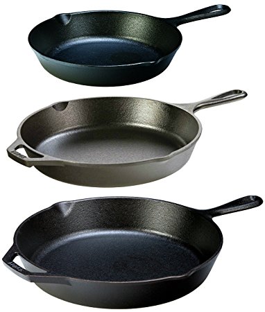 Lodge Seasoned Cast Iron 3 Skillet Bundle. 12”   10.25”   8” Set of 3 Cast Iron Frying Pans