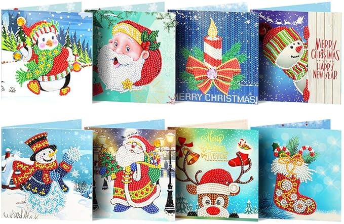 8 Pack Christmas Cards 5D DIY Diamond Painting for Adults Kids, Santa Claus Penguin Snowman, Art Craft Diamond for Greeting, Thank You, Card Creativity for Holiday Family and Friend(Style A)