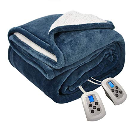 MARQUESS Electric Blanket MicroPlush Sherpa and Reversible Flannel Washable Comfortable with 10 Heat Settings/Safety 10 Hours Auto-Off Controller Full with 1 Year Warranty(84 x 90'' Navy Blue)
