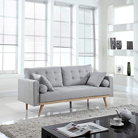 Divano Roma Furniture Mid-Century Modern Tufted Linen Fabric Sofa (Light Grey)