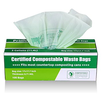 Compostable Bags By Primode | Premium Food Waste Bags, 100% Certified Biodegradable Compost Bags Small Kitchen 3 Gallon trash bags, Extra Thick 0.71 (100)