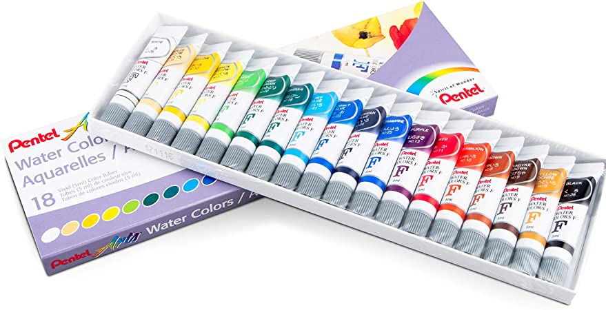 Pentel WFRS-18 Arts Water Colors Assorted Colors 5ml Tubes 18 Colour Set