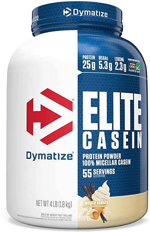 Dymatize Nutrition Elite Casein Protein Powder, Slow Absorbing with Muscle Building Amino Acids, 100% Micellar Casein, 25g Protein, 5.4g BCAAs & 2.3g Leucine, Helps Overnight Recovery, Smooth Vanilla, 4 Pound