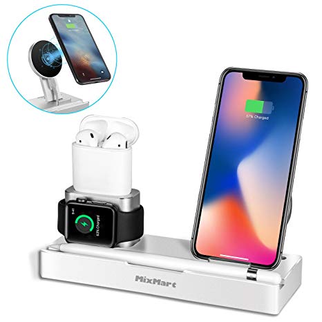 iPhone X Wireless Charger Stand, 6 in 1 Aluminum iPhone 8/8 Plus Charging Dock for Apple Watch/AirPods/iPad/Apple Pencil, Detachable Wireless Charger For Samsung Galaxy S9/S8/S7/S6 Edge (Silver)