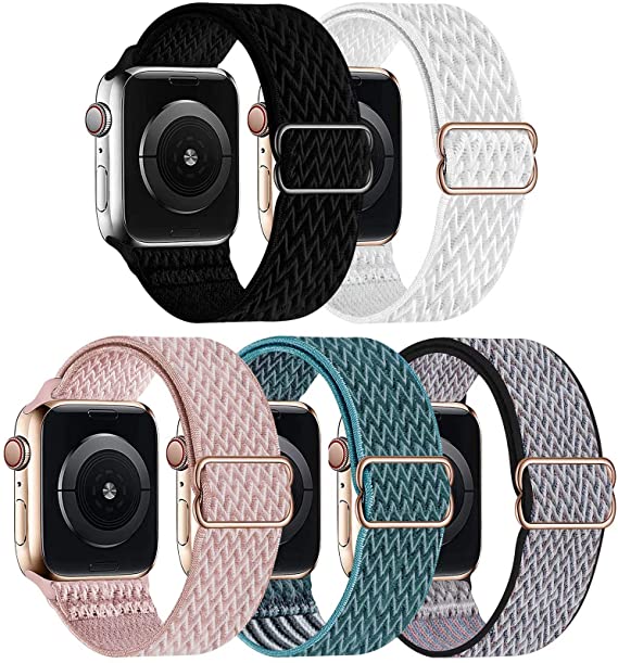 GBPOOT 5 Packs Nylon Stretch Band Compatible with Apple Watch Bands,Adjustable Soft Sport Breathable Loop for Iwatch Series 6/5/4/3/2/1/SE,Black/White/Rosepink/CelestialTeal/Royal Pulse,38/40mm