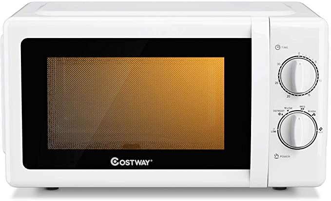 COSTWAY Retro Countertop Microwave Oven, 0.7 Cu. Ft, 700W Mechanical Compact Microwave Oven 6 Micro Power Settings, Glass Turntable and Viewing Window, ETL Certification (White)